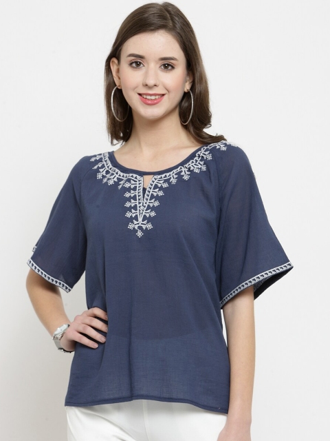 

Global Republic Women Navy Blue Embroidered Top