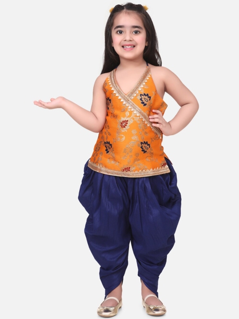 

BownBee Girls Orange Woven Design Jacquard Halter Top with Navy Blue Solid Dhoti Pants