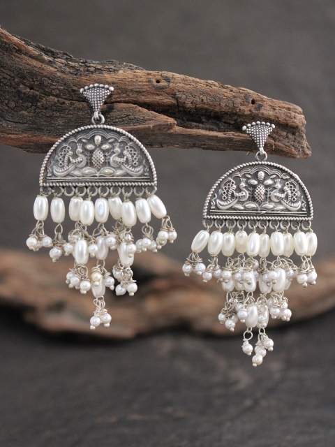 Silver-Plated & White Oxidised Drop Earrings