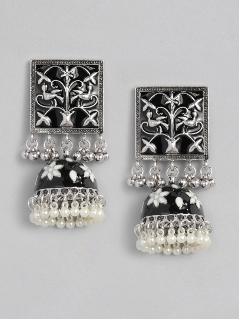 

justpeachy Black & Silver-Plated Meenakari Dome Shaped Jhumkas