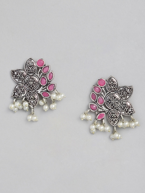 

justpeachy Pink & Silver-Plated Floral Drop Earrings