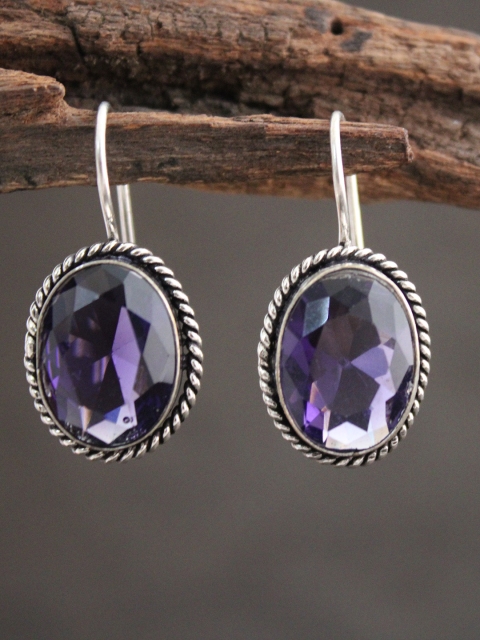 

justpeachy Blue & Silver-Plated Oxidised Oval Drop Earrings