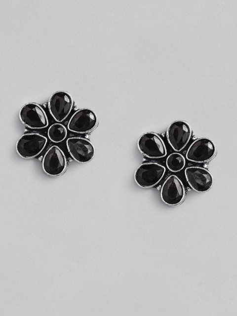 

justpeachy Black Silver-Plated Oxidised Floral Studs