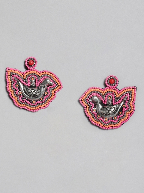 

justpeachy Silver-Toned & Pink Bird Boho Drop Earrings