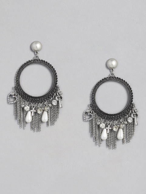 

justpeachy Silver-Plated Oxidised Circular Drop Earrings
