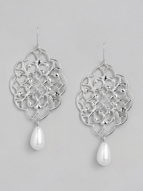 

justpeachy Silver-Toned & White Silver Plated Contemporary Drop Earrings