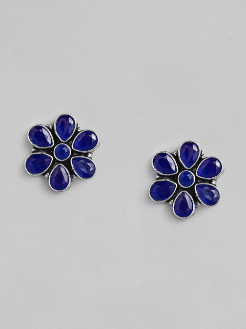 

justpeachy Silver-Plated & Blue Oxidised Floral Studs