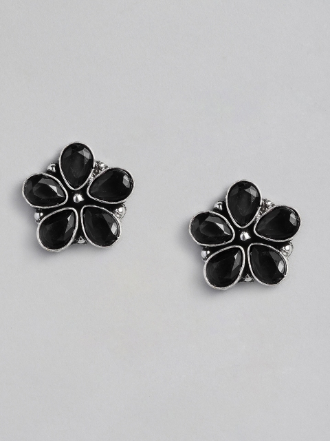 

justpeachy Silver-Plated & Black Oxidised Floral Studs