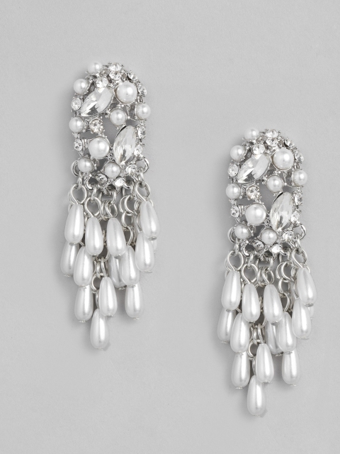 

justpeachy Silver-Toned & White Silver Plated Contemporary Drop Earrings