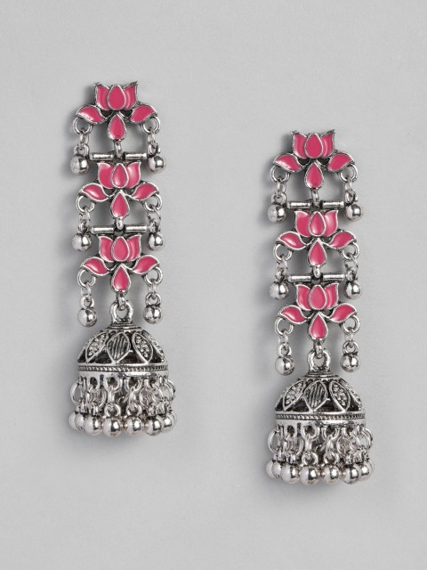 

justpeachy Oxidised Silver-Toned & Pink Floral Drop Earrings