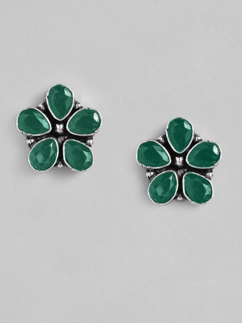 

justpeachy Green & Silver-Plated Oxidised Floral Studs