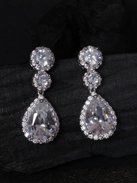 

justpeachy Silver-Plated Studded Teardrop Shaped Drop Earrings