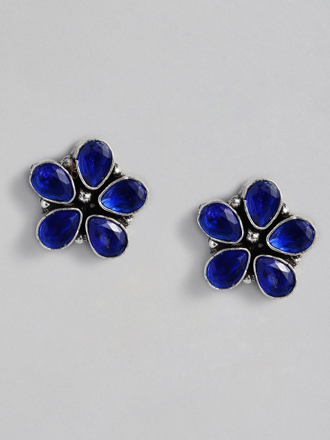 

justpeachy Navy Blue & Silver-Plated Oxidised Floral Studs