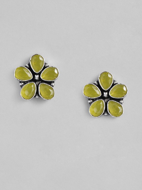 

justpeachy Yellow & Silver-Plated Oxidised Floral Studs