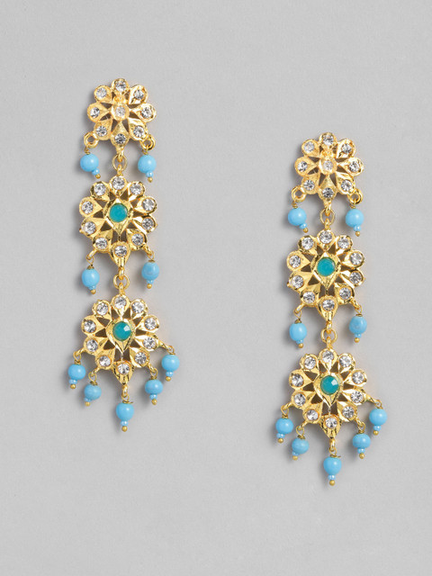 

justpeachy Turquoise Blue Gold-Plated Jadau Studded Floral Drop Earrings