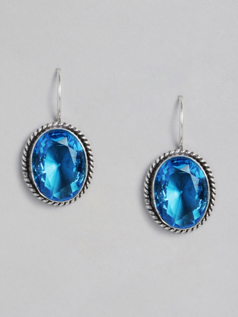 

justpeachy Blue & Silver-Plated Oxidised Oval Drop Earrings