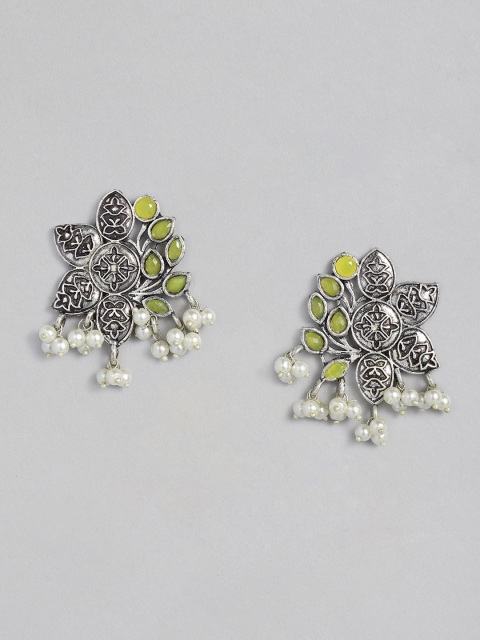 

justpeachy Oxidised Green & White Silver-Plated Studded Floral Drop Earrings