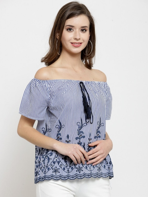 

Global Republic Women Navy Blue Striped Bardot Top