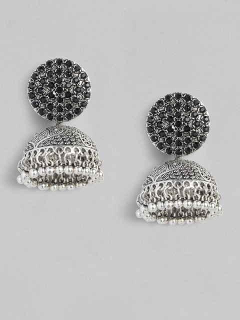 

justpeachy Silver-Plated & Black Stone Studded Dome Shaped Oxidised Jhumkas