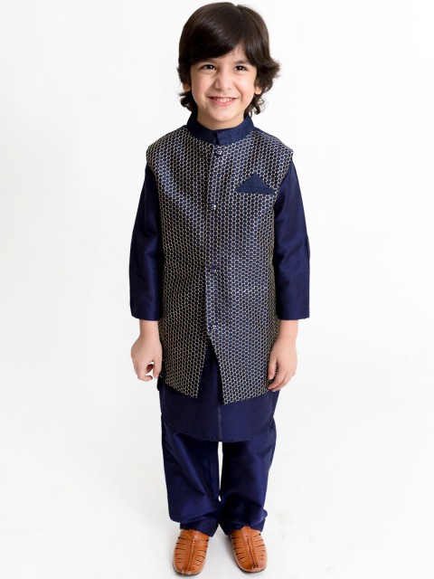 

Lil Peacock Boys Navy Blue Solid Kurta with Pyjamas & Jacket