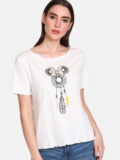 

Kazo Women White Minnie Mouse Dreamcatcher Print Round Neck T-shirt