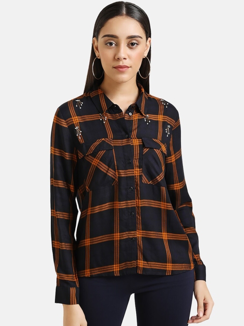 

Kazo Women Orange & Navy Blue Regular Fit Checked Casual Shirt