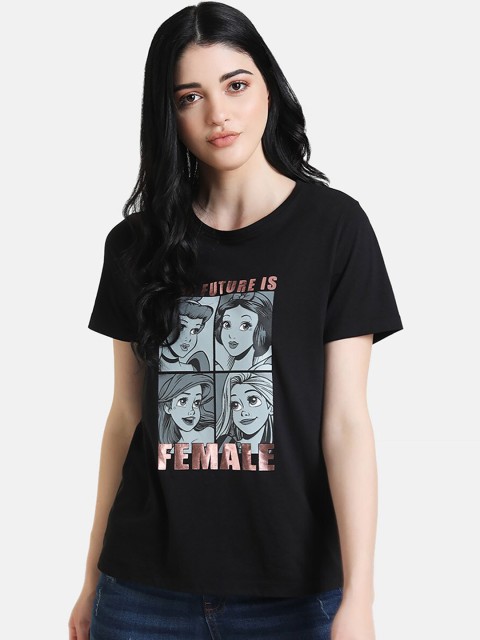 

Kazo Women Black Disney Princess Foil Printed Round Neck Pure Cotton T-shirt