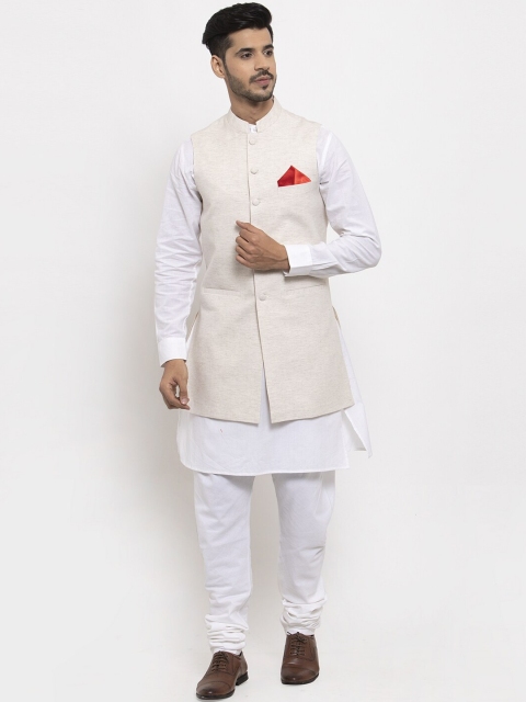 

NEUDIS Men White & Beige Solid Kurta with Pyjamas & Nehru Jacket