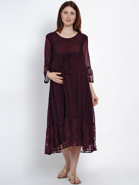 

Mine4Nine Women Burgundy Solid Fit and Flare Dress