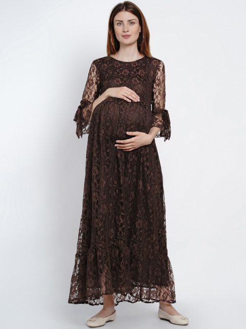 

Mine4Nine Women Brown Self Design Maternity Maxi Dress