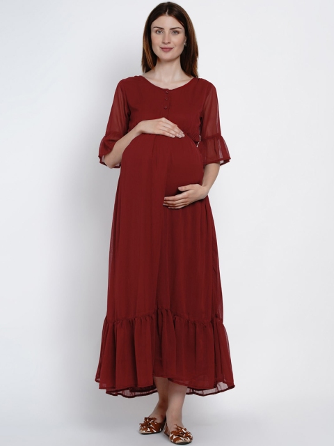 

Mine4Nine Women Red Solid Maternity Maxi Dress