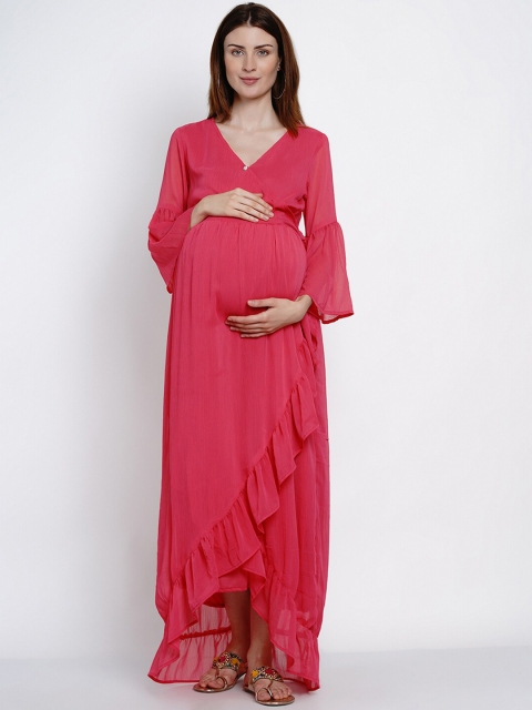 

Mine4Nine Women Pink Solid Maternity Maxi Dress