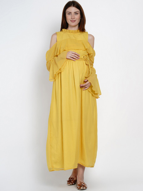 

Mine4Nine Women Yellow Solid Maternity Maxi Dress