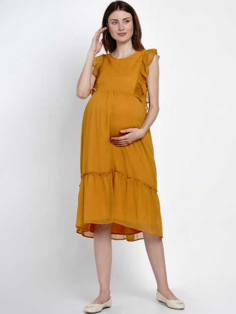 

Mine4Nine Women Mustard Brown Solid Empire Dress