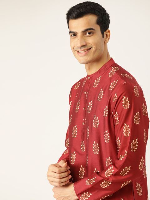 

House of Pataudi Men Maroon & Off-White Printed Straight Kurta