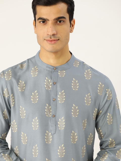 

House of Pataudi Men Grey & Off-White Printed Straight Kurta
