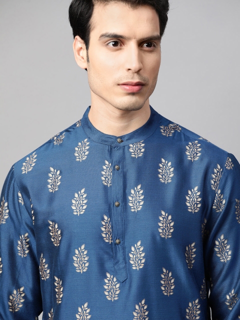 

House of Pataudi Men Blue & Golden Printed Straight Kurta