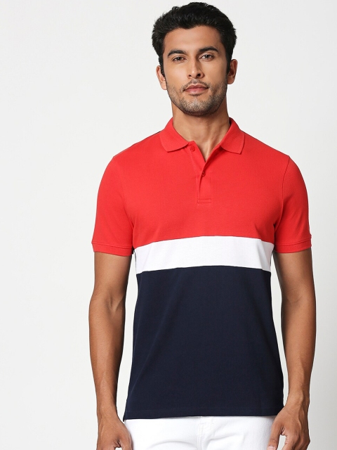 

Bewakoof Men Navy Blue & Red Colourblocked Polo Collar T-shirt