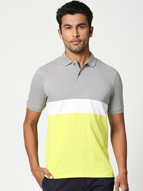 

Bewakoof Men Lime Green & Grey Colourblocked Polo Collar T-shirt