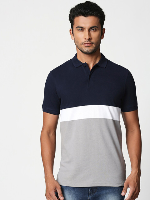 

Bewakoof Men Grey & Navy Blue Colourblocked Polo Collar T-shirt