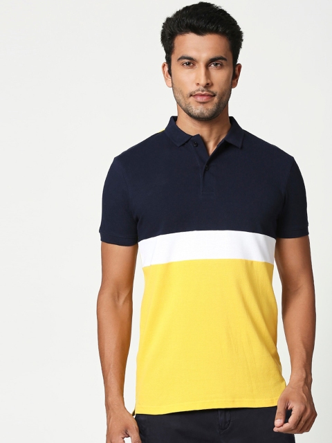 

Bewakoof Men Yellow & Navy Blue Colourblocked Polo Collar T-shirt