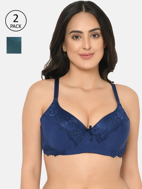 

Curvy Love Pack of 2 Lace Lightly Padded Crafted Plus Size Everyday Bras CL-04, Navy blue