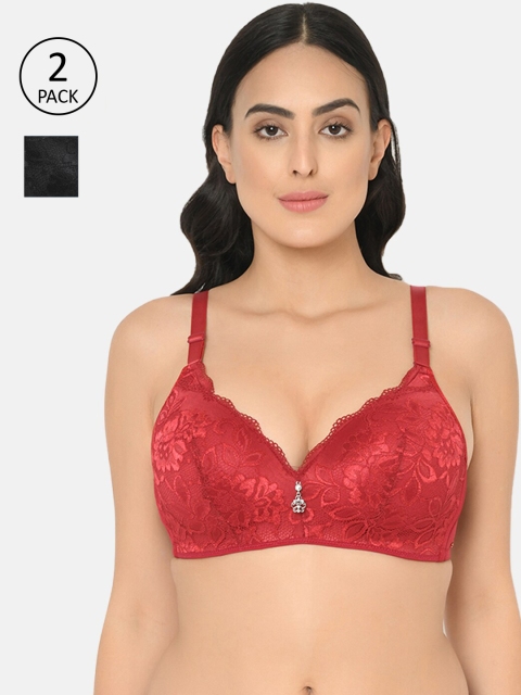 

Curvy Love Pack of 2 Lace Medium Coverage Plus Size Everyday Bras CL-02, Red