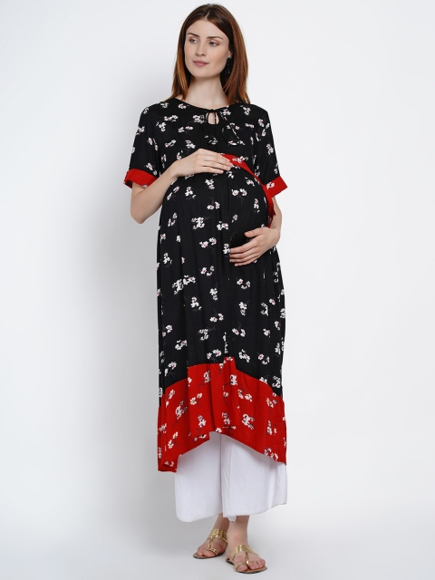 

Mine4Nine Women Black & Red Floral Print A-Line Maternity & Nursing Kurta