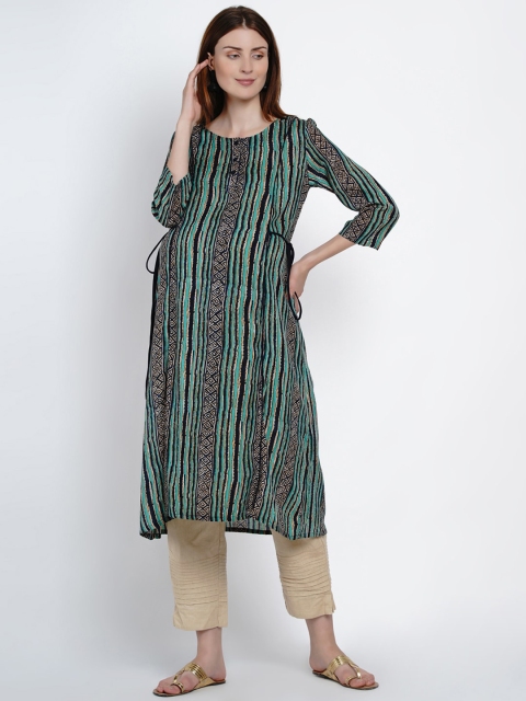 

Mine4Nine Women Green & Black Striped A-Line Maternity Kurta