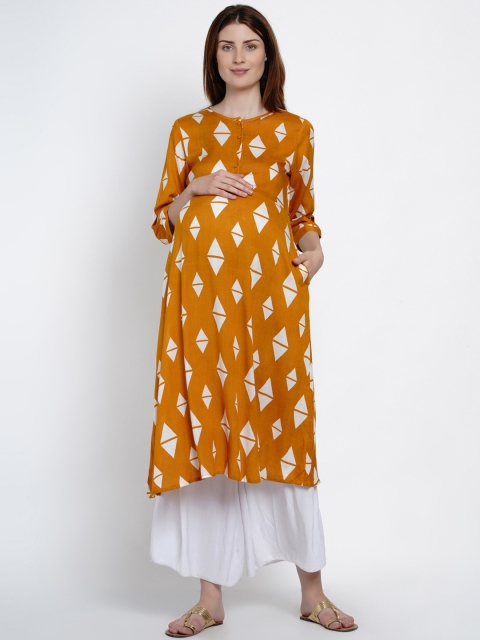 

Mine4Nine Women Mustard Yellow & White Printed A-Line Maternity Kurta