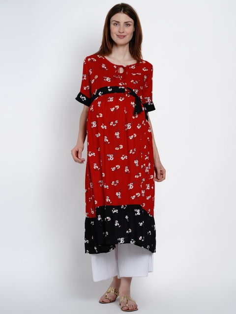 

Mine4Nine Women Red & Black Floral Print A-Line Maternity & Nursing Kurta