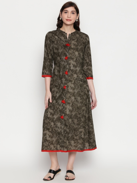 

ZRI Women Olive Green & Red Printed A-Line Maxi Dress