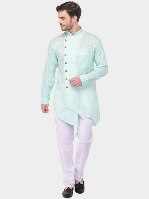 

SG LEMAN Men Sea Green & White Solid Kurta with Trousers