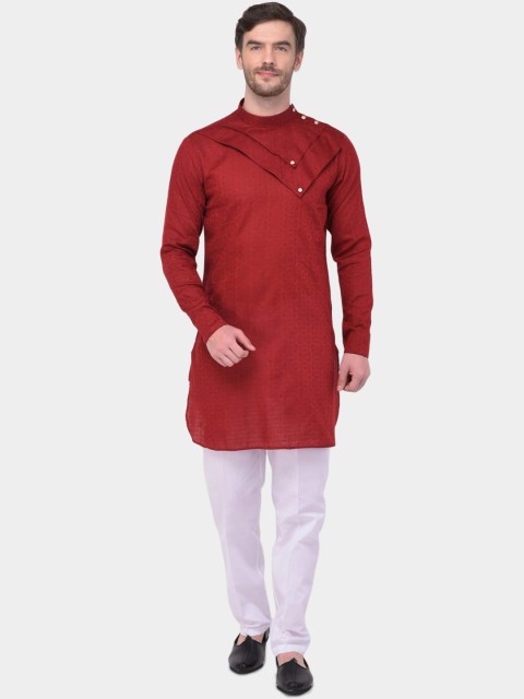 

SG LEMAN Men Maroon & White Solid Kurta with Trousers